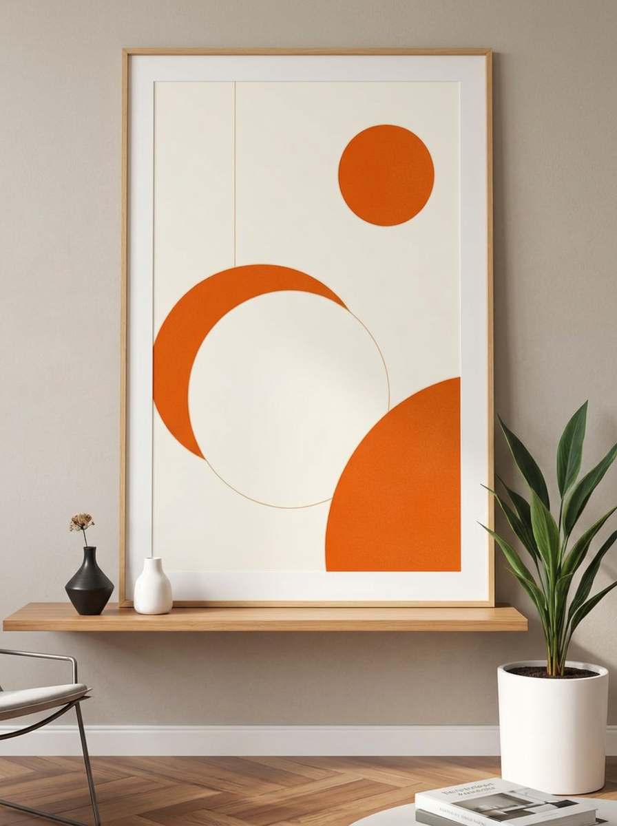 Abstract geometry — framed print in a living room · oak frame