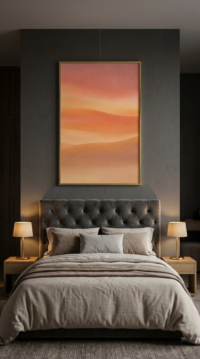Desert gradient — framed print in a bedroom · brass frame