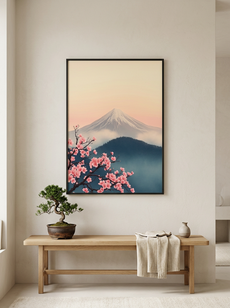Mountain blossoms — framed print in a hallway · black frame